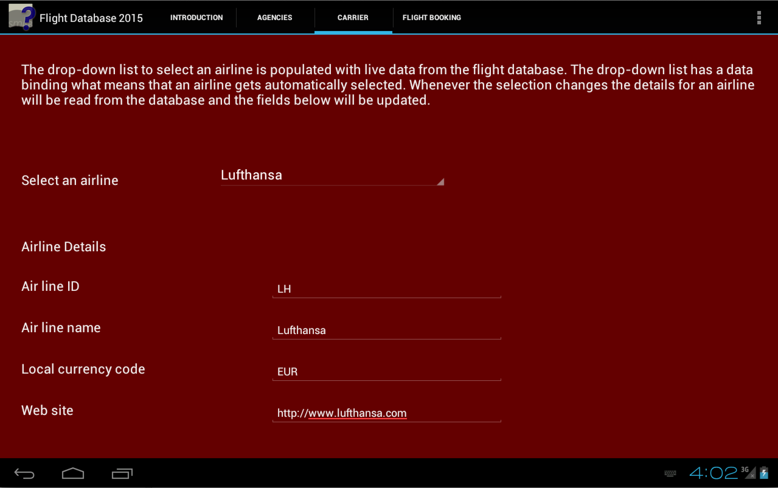 Flight Database Sample App Screenshot